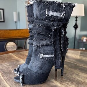 Distressed Denim Peep-Toe Ankle Boots